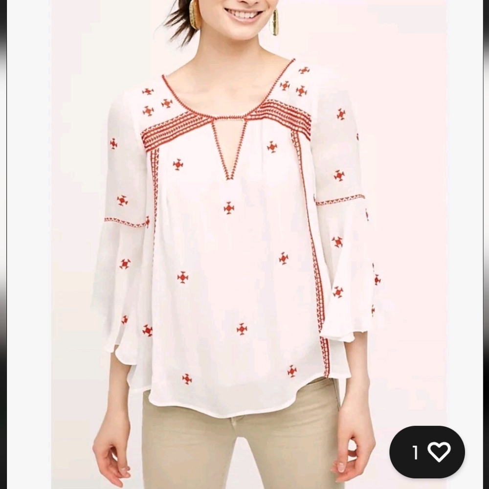Anthropologie Floreat Adena Embroidered Peasant Gauze Top | SzM | Like New